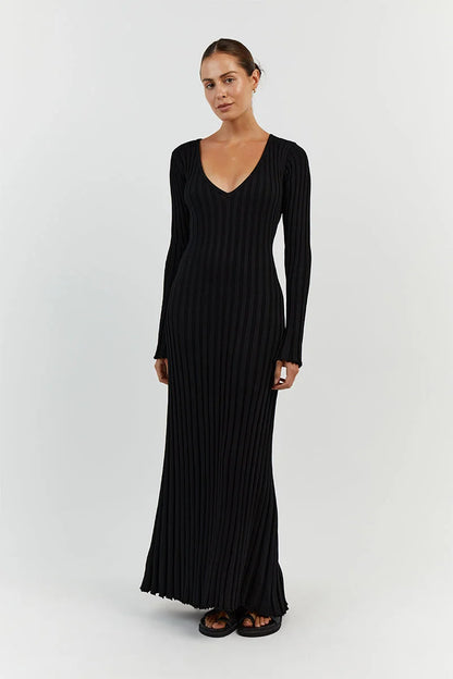 Aerelle™ V-Neck Sleeved Knit Midi Dress