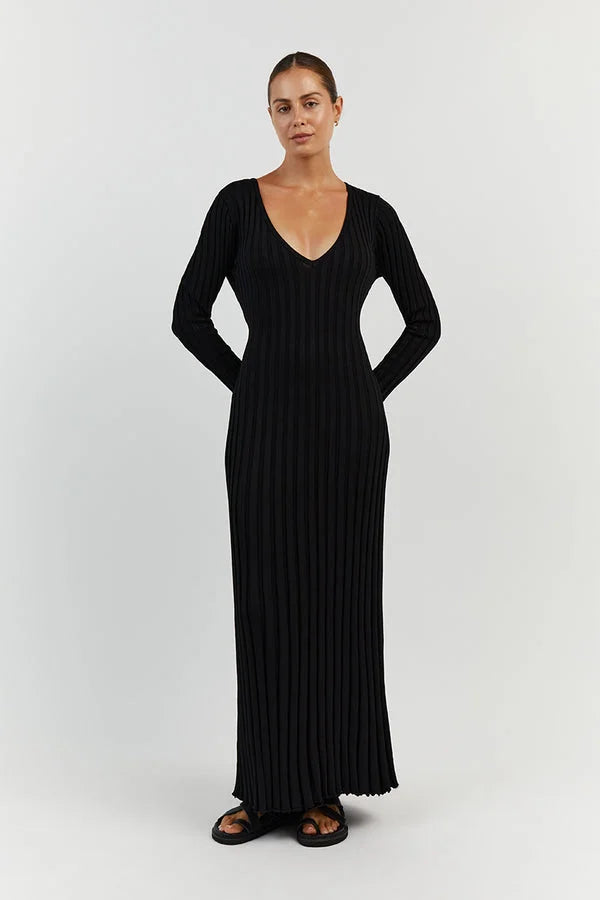 Aerelle™ V-Neck Sleeved Knit Midi Dress