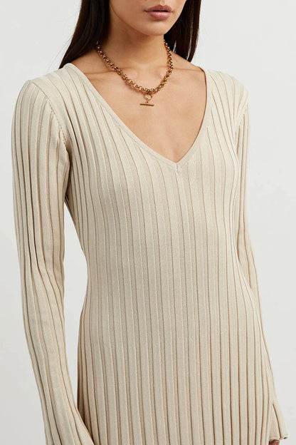 Aerelle™ V-Neck Sleeved Knit Midi Dress