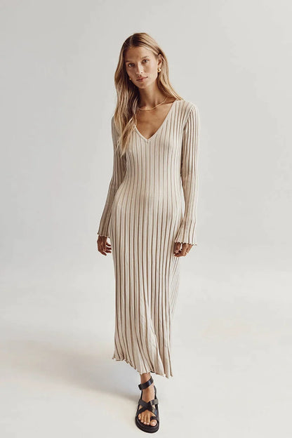 Aerelle™ V-Neck Sleeved Knit Midi Dress