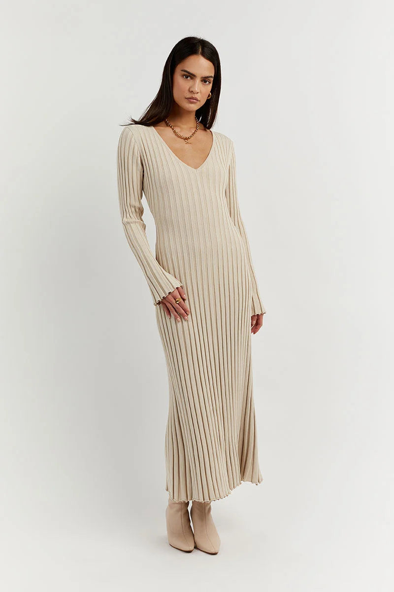 Aerelle™ V-Neck Sleeved Knit Midi Dress