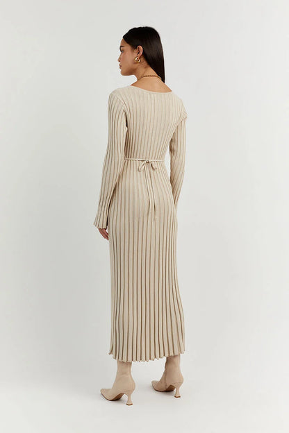 Aerelle™ V-Neck Sleeved Knit Midi Dress