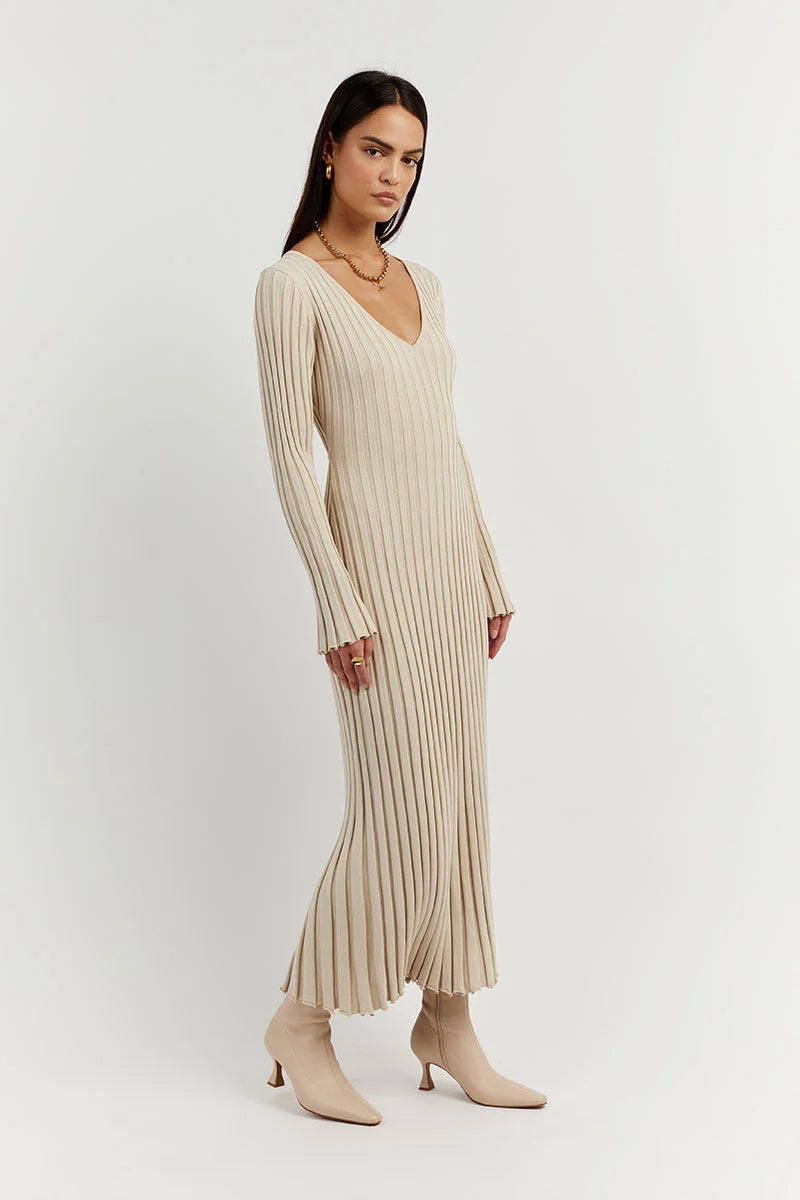 Aerelle™ V-Neck Sleeved Knit Midi Dress