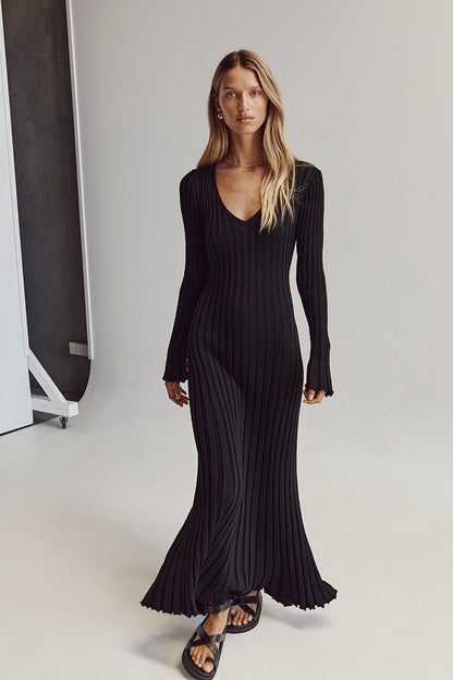 Aerelle™ V-Neck Sleeved Knit Midi Dress